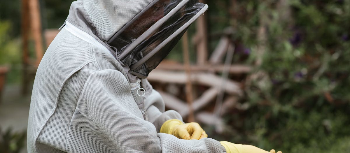 Crop male beekeeper in protective uniform and gloves standing in apiary while preparing for work